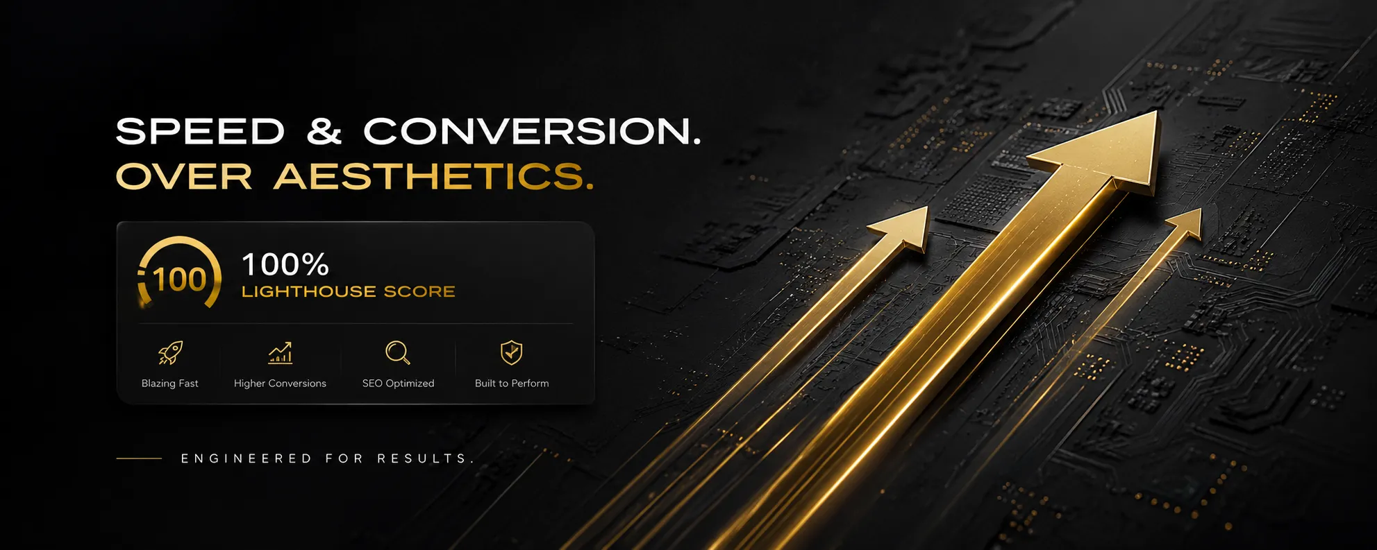Banner highlighting speed and conversion over aesthetics, with Lighthouse 100 and performance metrics on a dark tech background.